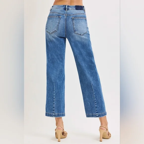 RISEN Barrel Jeans High-rise Boyfriend Vertical Seam Cropped Denim Distressed - Picture 10 of 16